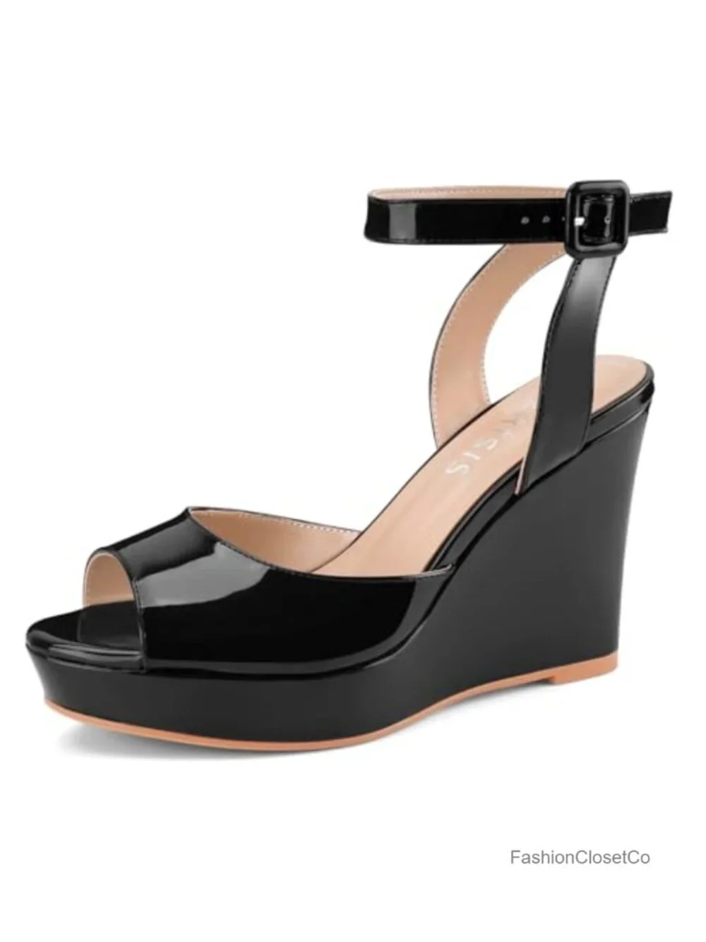 Women's Platform Wedge Sandals Patent Leather Peep Toe Ankle Strap Heels